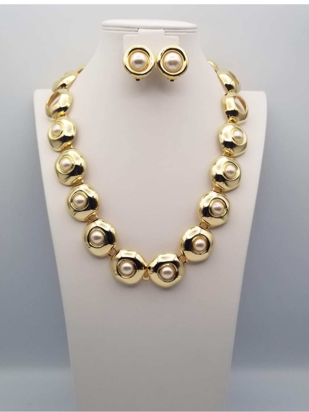 Gold Pearl Accent Necklace and Clip Earrings Set